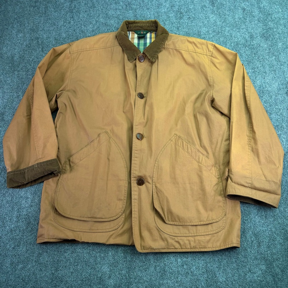 J Crew Jacket Mens Large Tan Oarsman Barn Coat Chore Plaid Lined Corduroy Collar